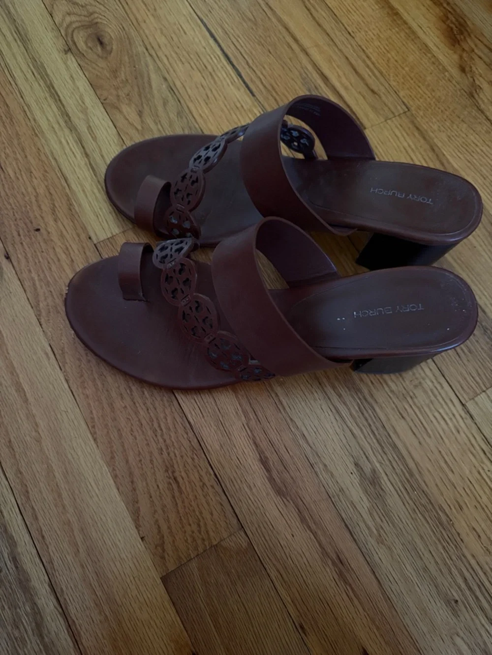 Tory Burch Brown Leather Logo Cutout Slide Mules - Picture 3 of 5